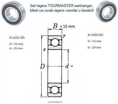1- TOURMASTER Lager set 62052RS + 63042RS Groefkogellager.